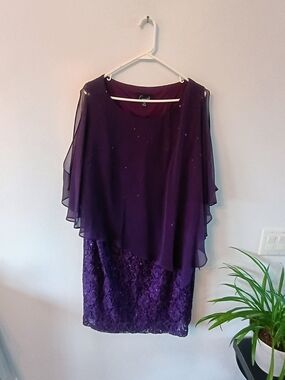 Connected Apparel 18W Purple Lace Sequin Cape Dress Plus Size Cocktail Formal